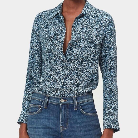Equipment 100% Silk Button Up Blouse in Blue Leopard Print Size S NWOT - Picture 1 of 7